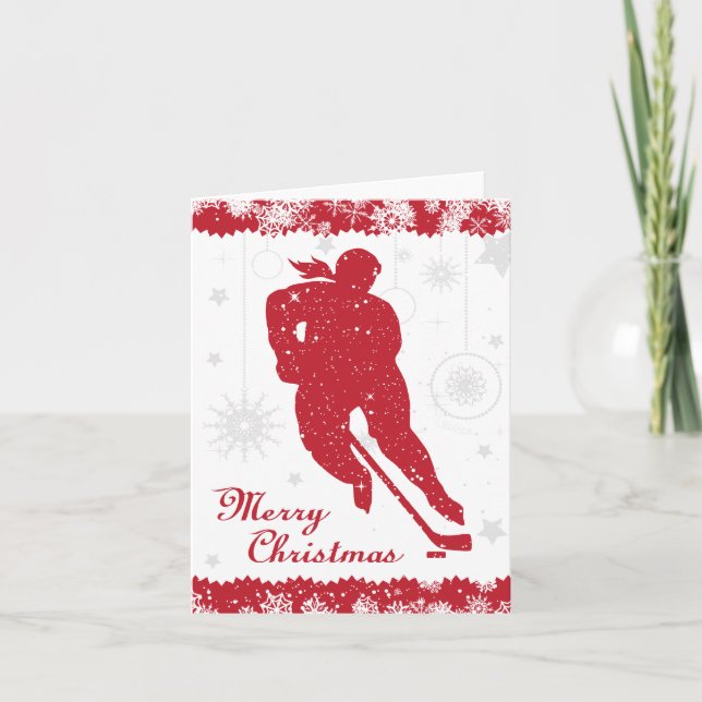 Christmas Hockey Women's Red Snowflakes Female Holiday Card (Front)