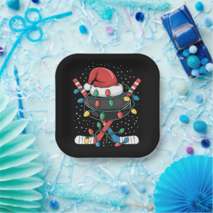 Christmas Hockey Xmas Santa Sports Hat Ball Paper Plate