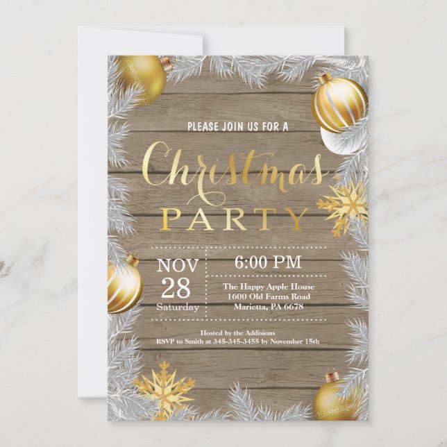 Christmas Holiady Party Invitation Rustic and Gold (Front)