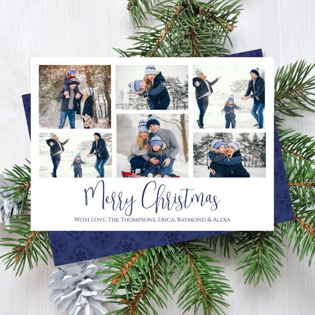 Christmas Holiday 6 Six Photo Navy Blue Snowflake (Merry Christmas cute calligraphy script multi-photo card with navy blue snowflake pattern. )