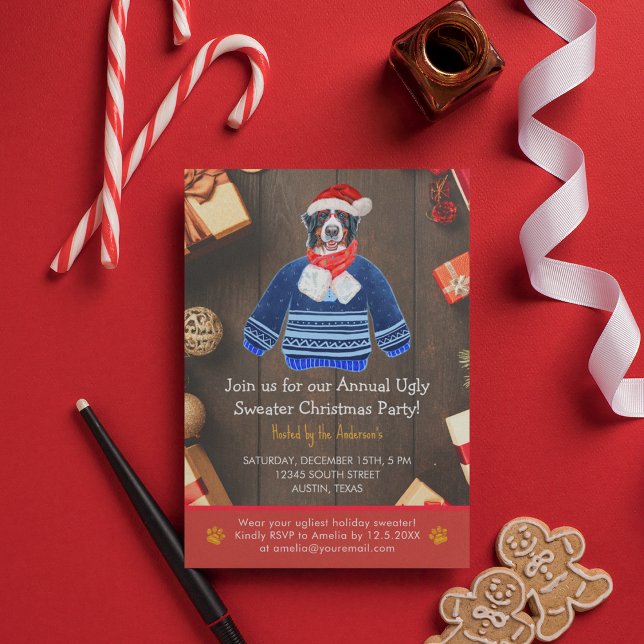 Christmas Holiday Bernese Dog Ugly Sweater Party Invitation (Front)