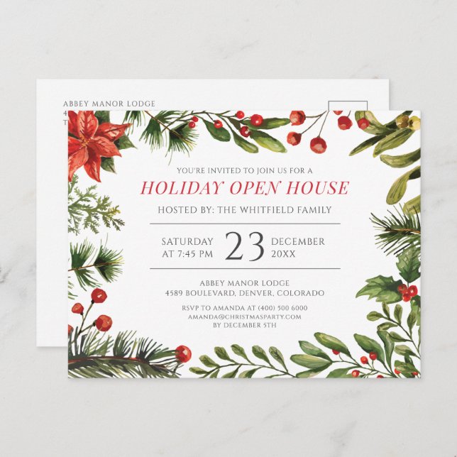 Christmas Holiday Berries Greenery Open House Invitation Postcard (Front/Back)