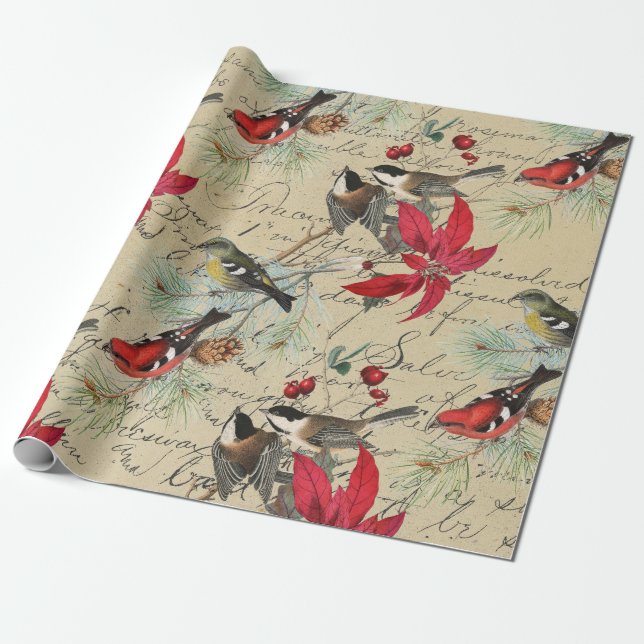 Christmas Holiday Bird and Red Poinsettia Wrapping Paper (Unrolled)