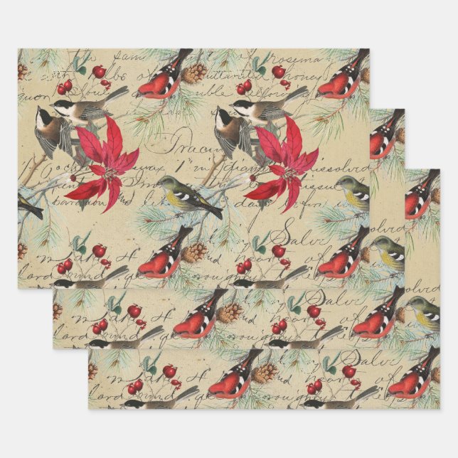 Christmas Holiday Bird and Red Poinsettia Wrapping Paper Sheet (Set)