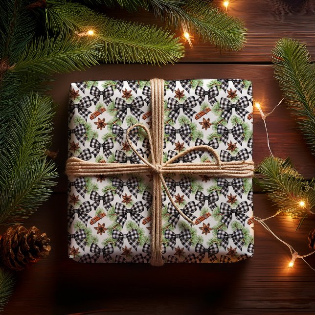 Christmas Holiday Black White Gingham Check Bows Wrapping Paper (Christmas Holiday Black White Gingham Checks Bows | Pine Evergreens and Star Anise Wrapping Paper)