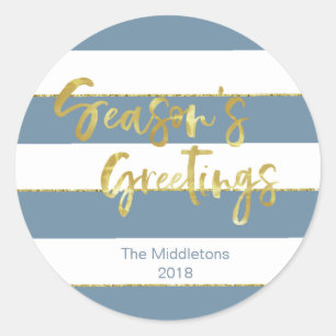 Christmas Holiday Blue Gold Custom Greeting Classic Round Sticker