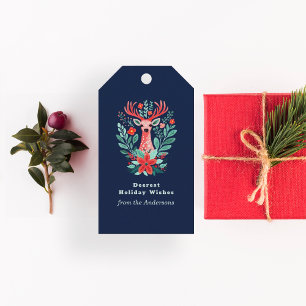 Christmas Holiday Blue Reindeer Botanical Gift Tags