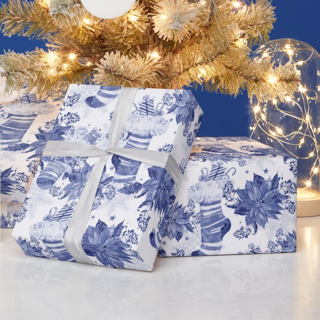 Christmas Holiday Blue Winter Stockings Poinsettia Wrapping Paper (Holidays)