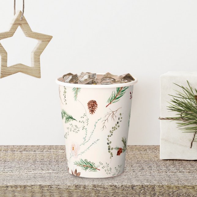 Christmas Holiday Boho Elegant Poinsettia Greenery Paper Cups (Elegant Pine Greenery Poinsettia Christmas Party Cups)