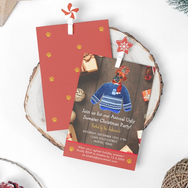 Christmas Holiday Boxer Dog Ugly Sweater Party Invitation (Front and Back)