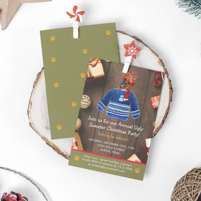Christmas Holiday Boxer Dog Ugly Sweater Party Invitation (Front and Back)