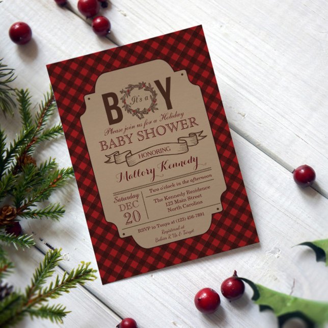Christmas Holiday Boy Plaid Baby Shower Invitation (Creator Uploaded)