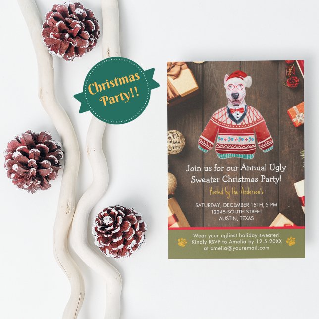 Christmas Holiday Bull Terrier Ugly Sweater Party Invitation (Front)