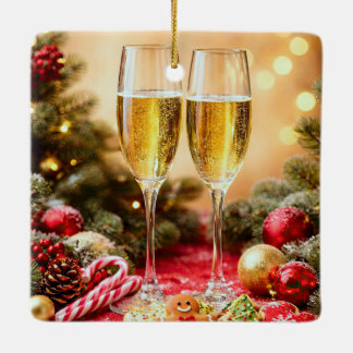 Christmas Holiday Campagne Flutes Cheers Ceramic Ornament