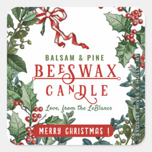 Christmas Holiday Candle with Holly & Berry Border Square Sticker