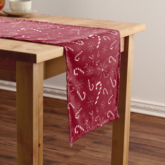 Christmas Holiday Candy Cane Snowflakes Red White Medium Table Runner (In Situ)