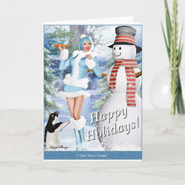 Christmas & Holiday Card - Cute Pin-Up Girl & Snow (Front)