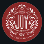 CHRISTMAS HOLIDAY CHALK ART ORNAMENT STICKERS<br><div class="desc">WISHING YOU JOY & HAPPINESS: Bright and cheerful whimsical round chalkboard style Christmas ornament with retro banner, vintage red and white typography, and fancy swirls. Personalise this decorative holiday ROUND label with your family name or custom greeting. Perfect for sealing envelopes or as gift tags. Contemporary, classic, modern and stylish...</div>