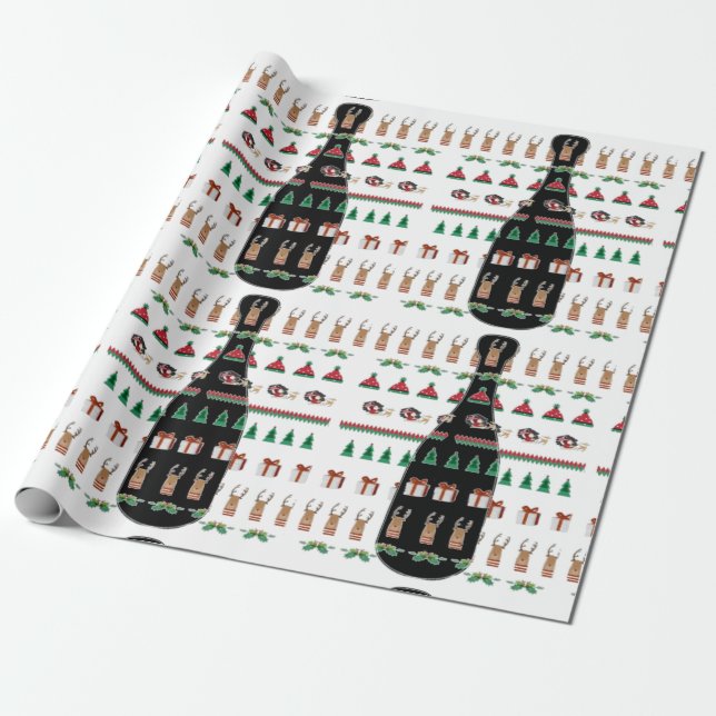 Christmas Holiday Champagne Bottle Gift Wrapping Paper (Unrolled)
