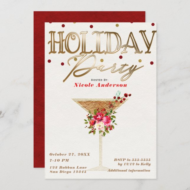 Christmas Holiday Cocktail Party Gold Red Holiday Invitation (Front/Back)