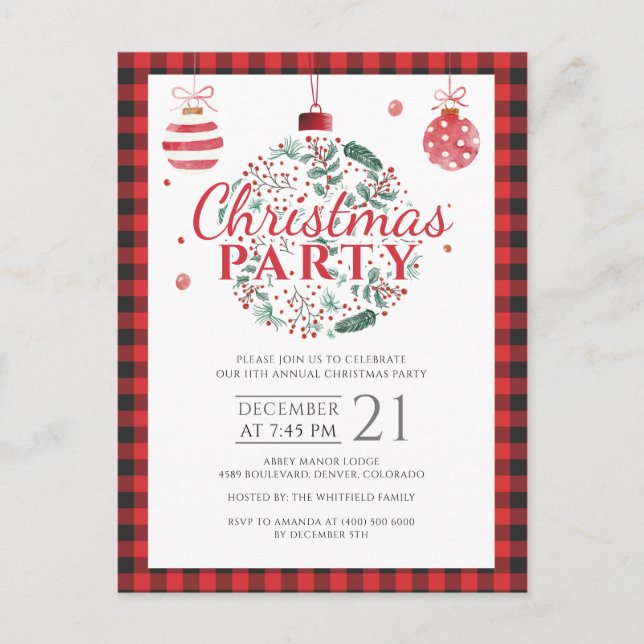 Christmas Holiday Country Lumberjack Buffalo Party Invitation Postcard (Front)