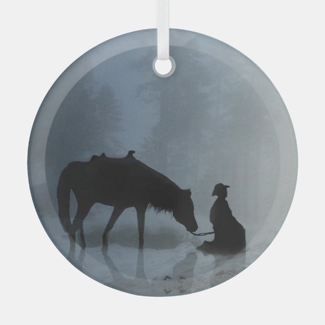 Christmas Holiday Cowboy and Horse Glass Tree Decoration (Front)
