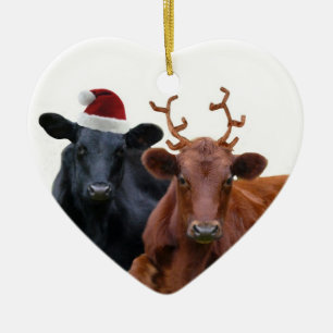 Christmas Holiday Cows in Santa Hat and Antlers Ceramic Tree Decoration