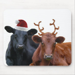 Christmas Holiday Cows in Santa Hat and Antlers Mouse Pad