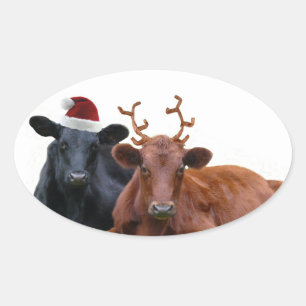 Christmas Holiday Cows in Santa Hat and Antlers Oval Sticker