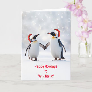 Christmas Holiday Custom Name Couple of Penguins Card