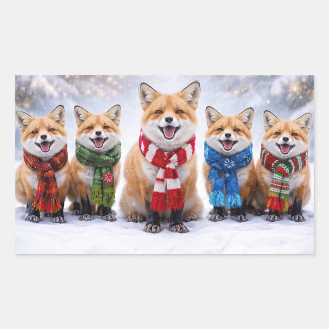 Christmas Holiday Cute and Fun Foxes Rectangular Sticker (Front)