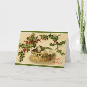 Christmas Holiday Cute Cats Kittens Basket Holly Card