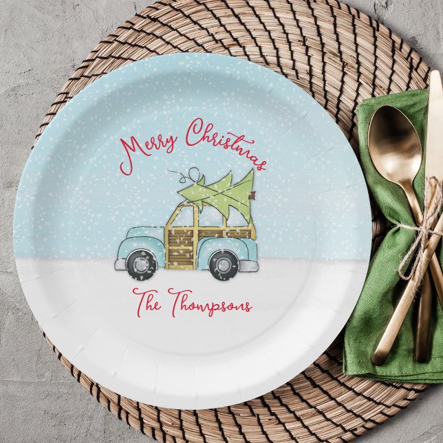 Christmas Holiday Cute Funny Tree Whimsical Party Paper Plate (Merry Christmas cute car with Christmas tree Woodie Wagon paper plate. )