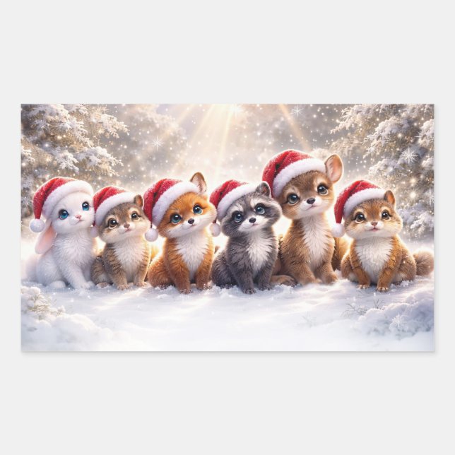 Christmas Holiday Cute Wildlife Santa Hat  Rectangular Sticker (Front)