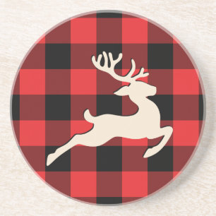 Christmas Holiday Deer Antlers Red Black Gingham Coaster