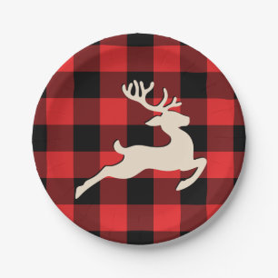 Christmas Holiday Deer Antlers Red Black Gingham Paper Plate