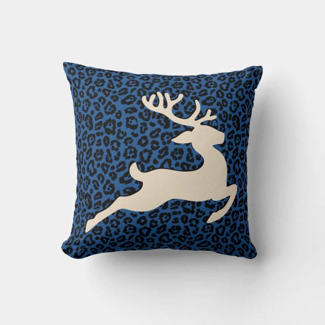Christmas Holiday Deer Blue Leopard Print Cushion (Front)