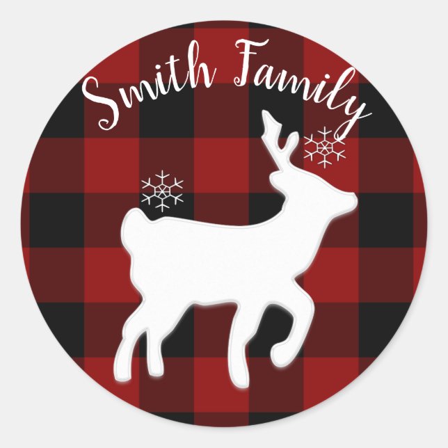 Christmas Holiday Deer on Buffalo Plaid Custom Classic Round Sticker (Front)