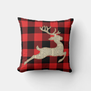 Christmas Holiday Deer Red Black Gingham Cushion
