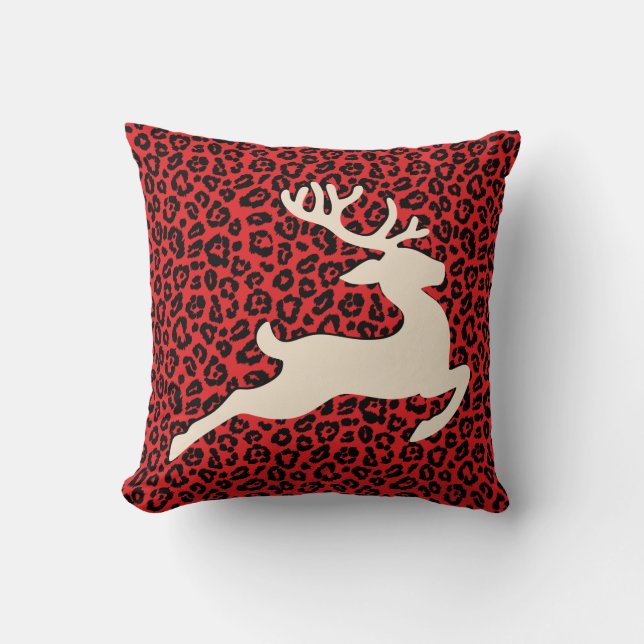 Christmas Holiday Deer Red Black Leopard Print Cushion (Front)
