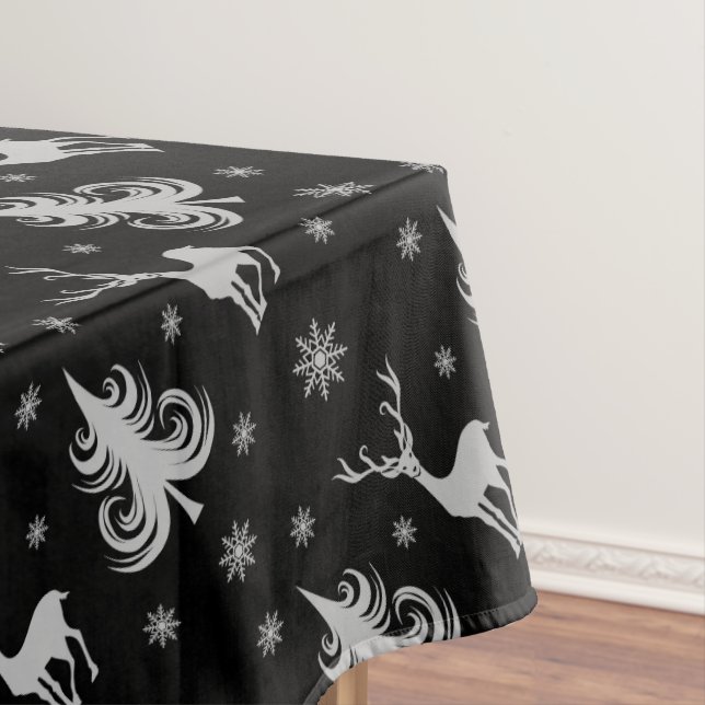 Christmas Holiday Deer Stag Pattern Black Silver Tablecloth (In Situ)