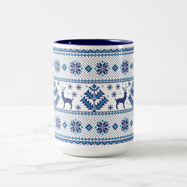 Christmas - Holiday Deer Sweater Pattern Two-Tone Coffee Mug (Center)
