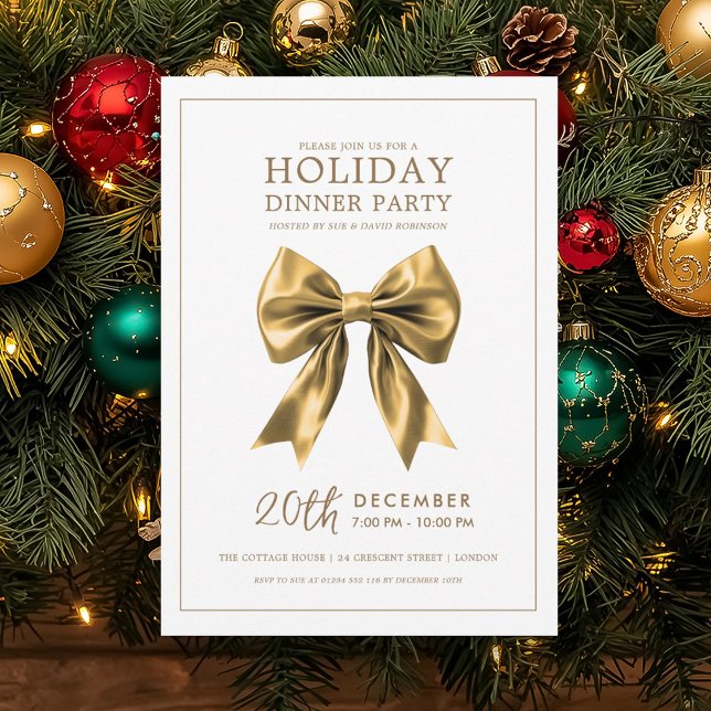 Christmas Holiday Dinner Party Gold Satin Bow Invitation (Christmas Holiday Dinner Party Gold Satin Bow Invitation)