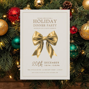 Christmas Holiday Dinner Party Gold Satin Bow Invitation