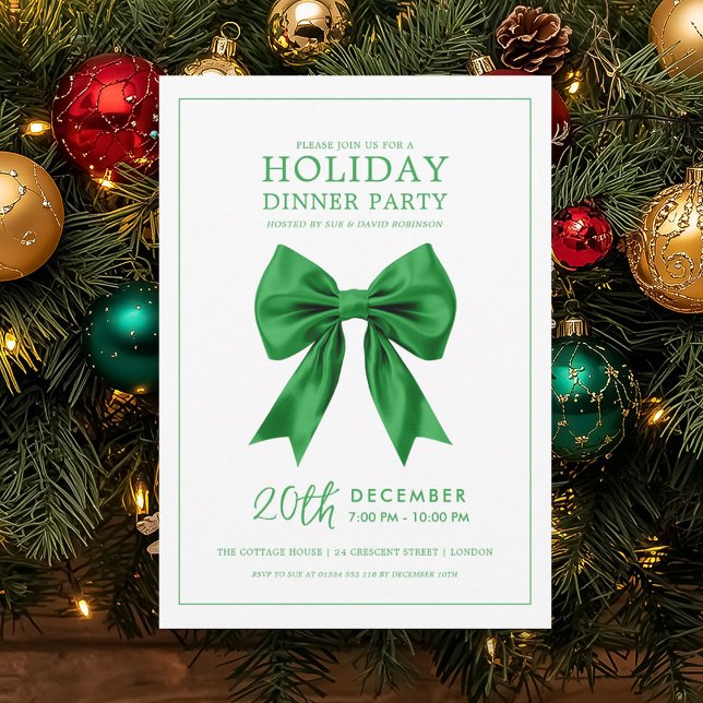 Christmas Holiday Dinner Party Green Satin Bow Invitation (Christmas Holiday Dinner Party Green Satin Bow Invitation)