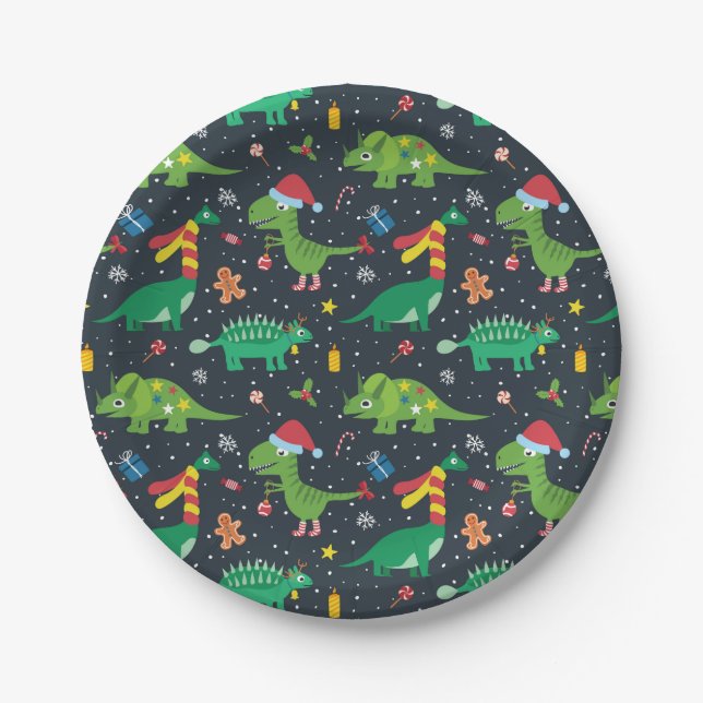 Christmas Holiday Dinosaur Paper Plate (Front)