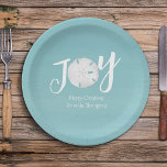 Christmas Holiday Elegant Beach Turquoise Coastal Paper Plate<br><div class="desc">This design features a Christmas holiday elegant simple beach paper plate with a nautical coastal sea ocean life theme, a sand dollar joy minimalist teal, trendy stylish calligraphy script font, turquoise teal blue tropical island, with a modern simple typography unique text, Christmas holiday beach disposable paper, Christmas holiday party supplies,...</div>