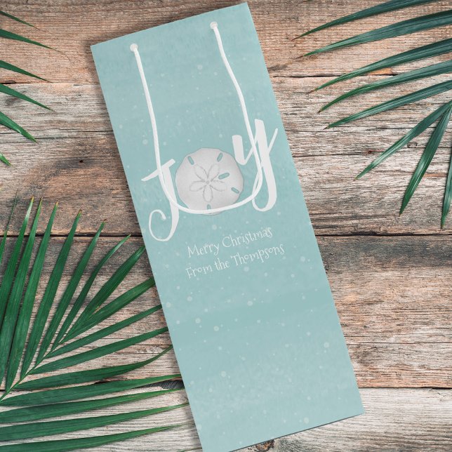 Christmas Holiday Elegant Beach Turquoise Coastal Wine Gift Bag (Holiday Joy typography wine gift bag with a whimsical beach theme.)