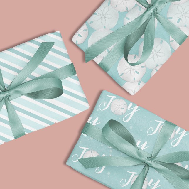 Christmas Holiday Elegant Beach Turquoise Coastal Wrapping Paper Sheet (Christmas Joy typography turquoise wrapping paper with sand dollars.)