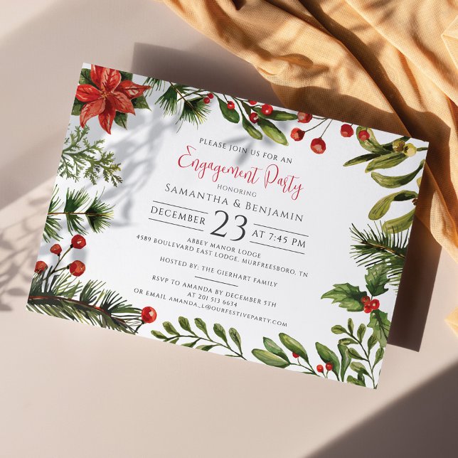 Christmas Holiday Engagement Party Greenery Invitation (Botanical Poinsettia Script Winter Engagement Party Invitation)